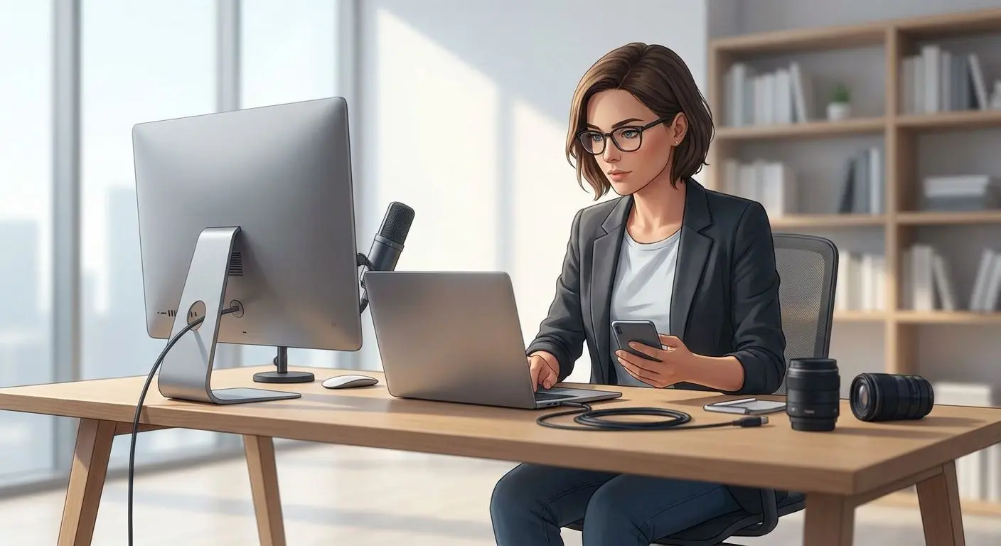 Illustration eines mobilen App-Experten mit Laptop und Smartphone