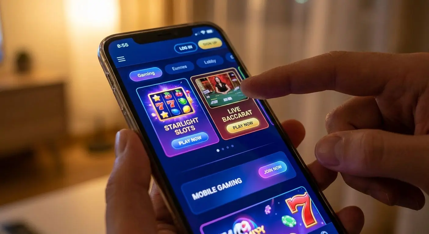 Hand wählt ein Spiel in der mobilen Lobby auf einem Smartphone aus