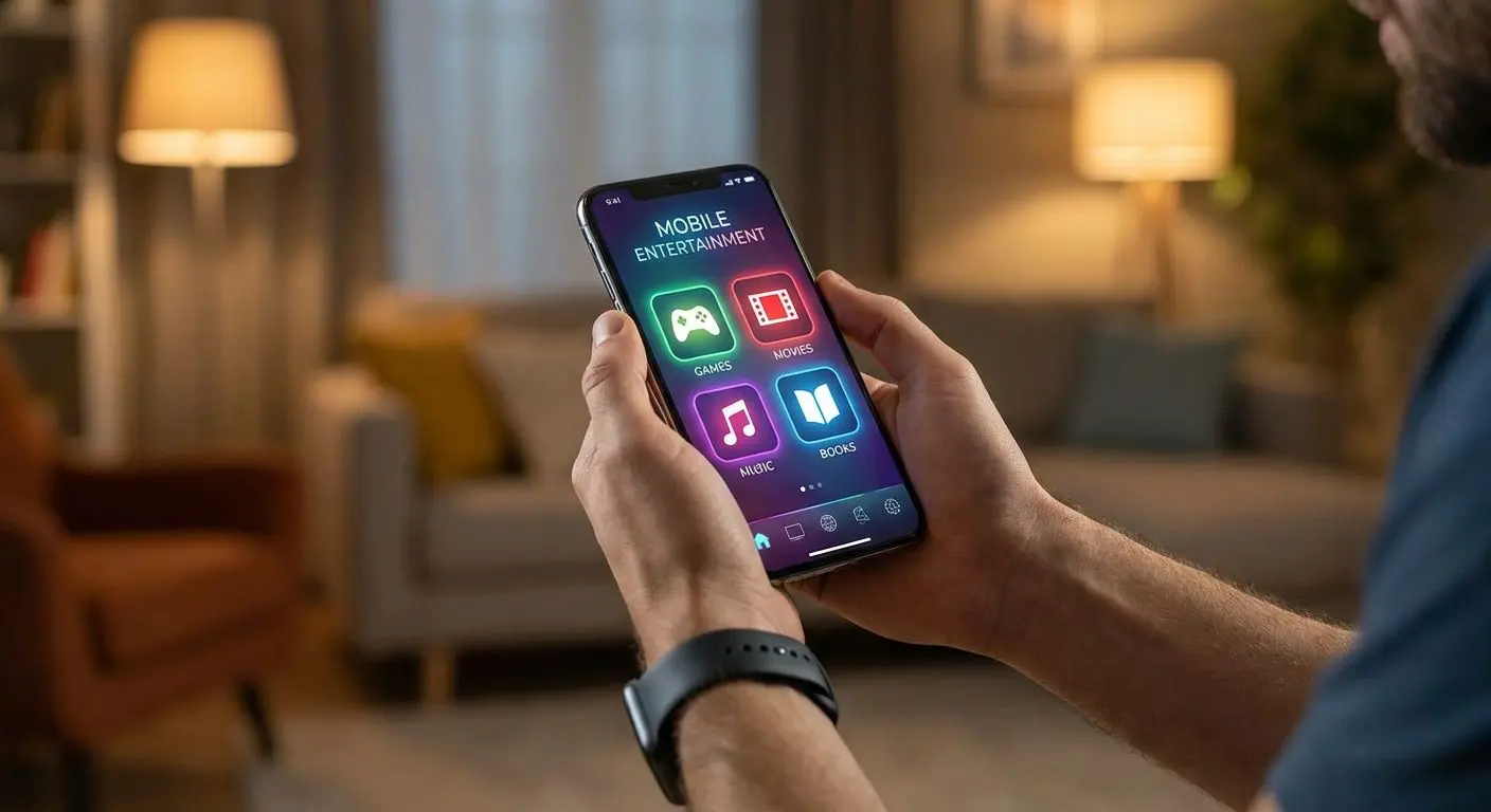 Person hält Smartphone mit mobiler Spiele-Lobby