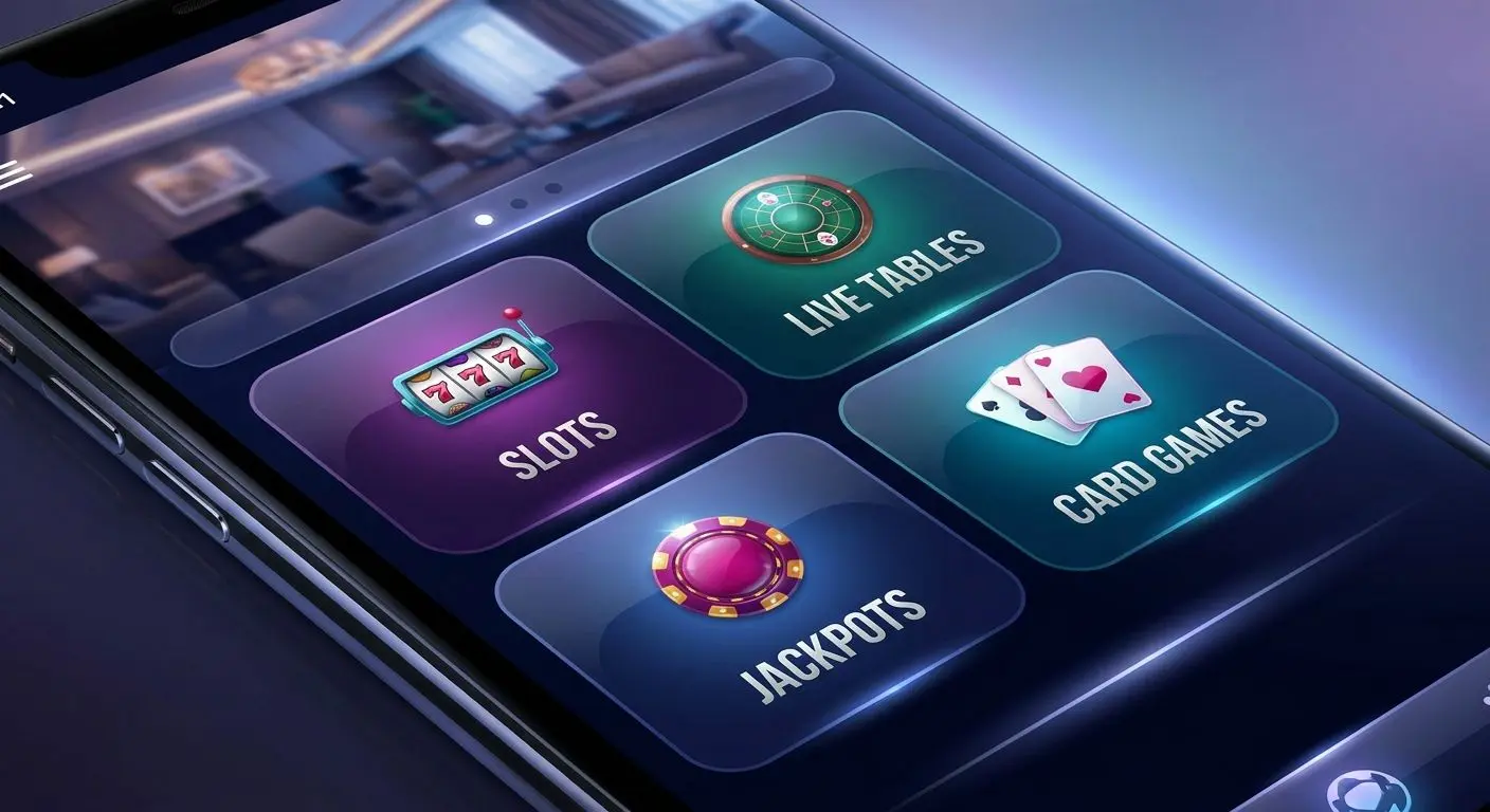 Mobile Lobby mit verschiedenen Spielkategorien in der App