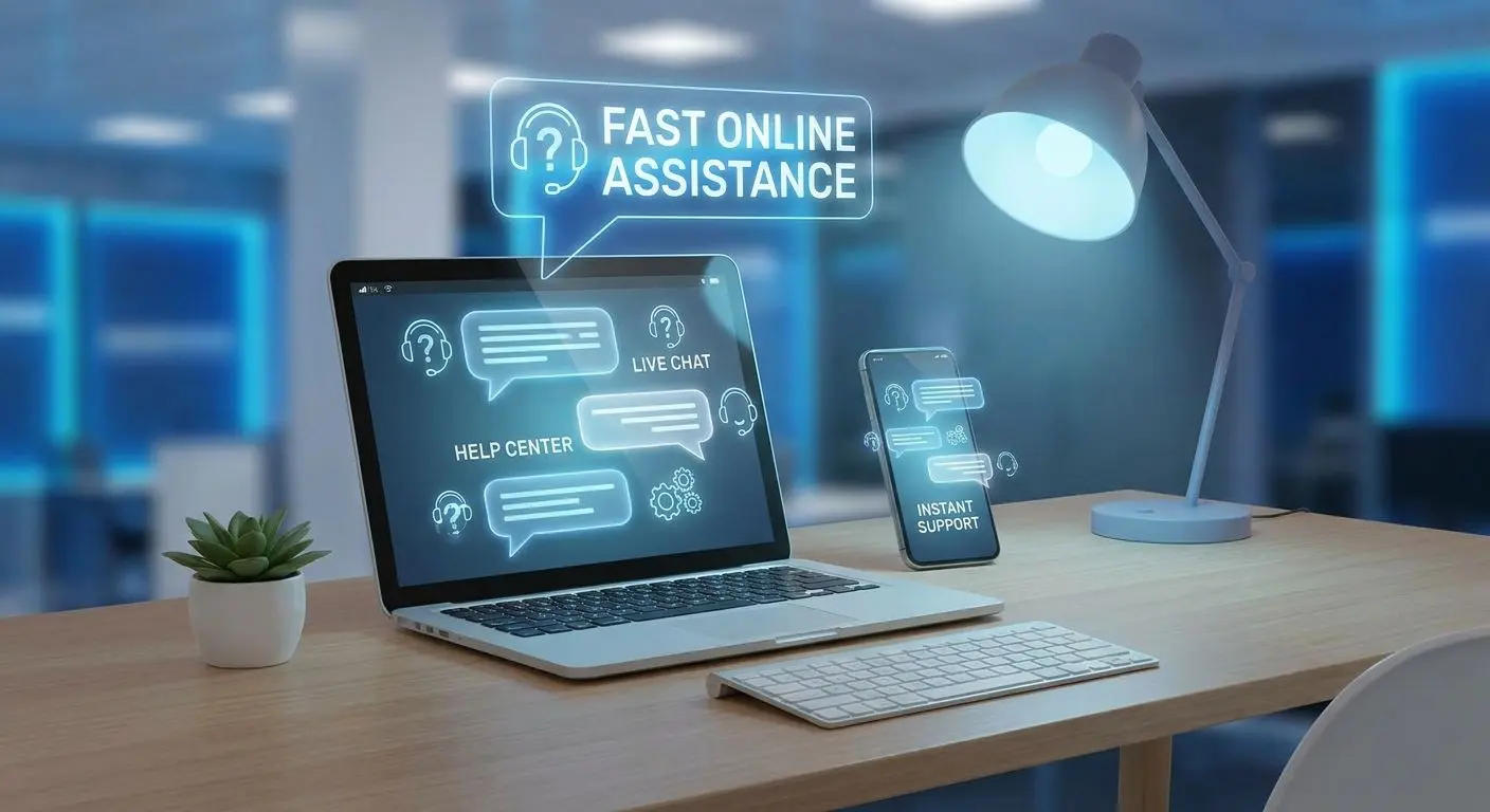 Laptop und Smartphone mit Chat-Symbolen für digitalen Support