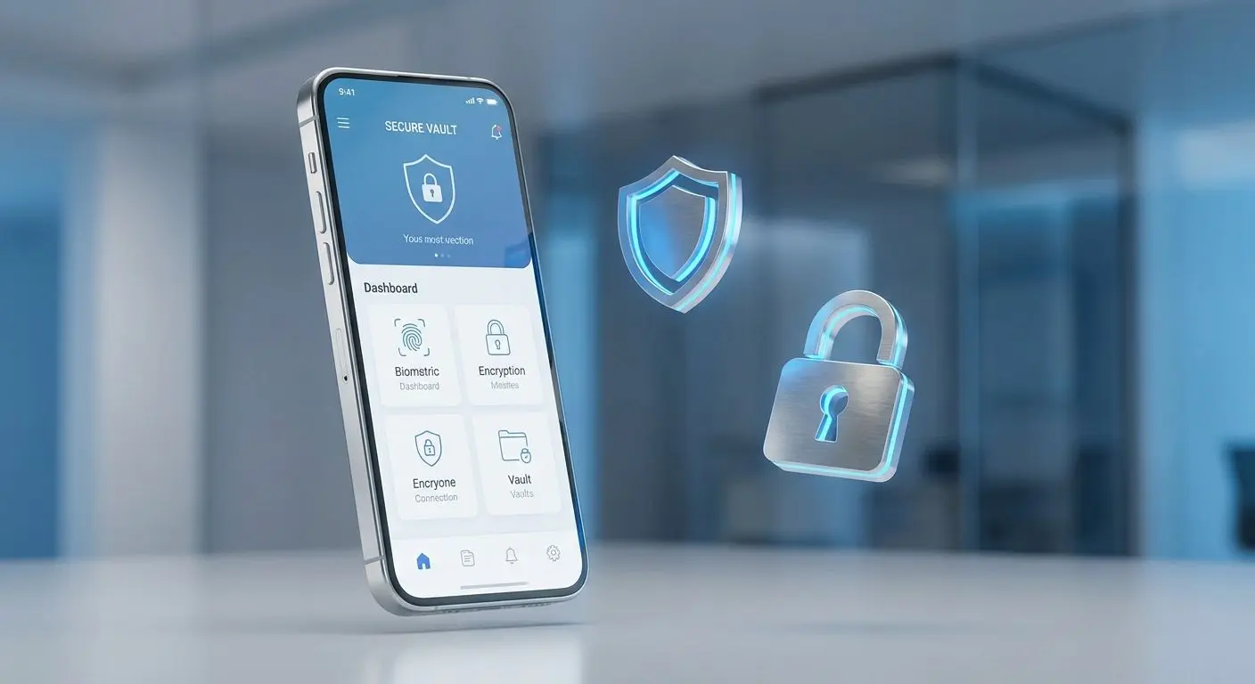 Smartphone mit Sicherheitssymbolen für Datenschutz und Schutzfunktionen