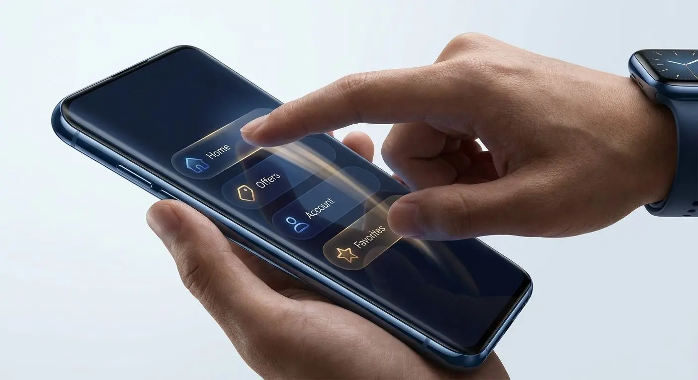 Hand navigiert durch das Menü einer mobilen App