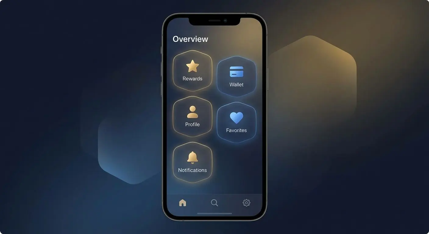 Symbolische App-Ansicht mit mehreren Feature-Kacheln und Icons