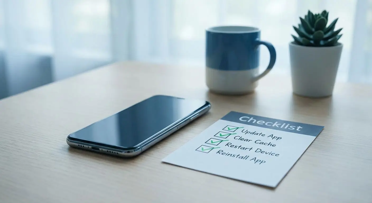 Smartphone mit Checkliste für schnelle App-Selbsthilfe