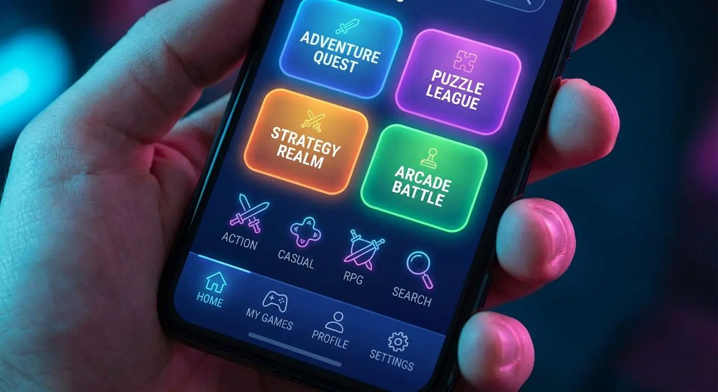 Nahaufnahme einer mobilen Lobby mit Spielkacheln und Navigationsmenü