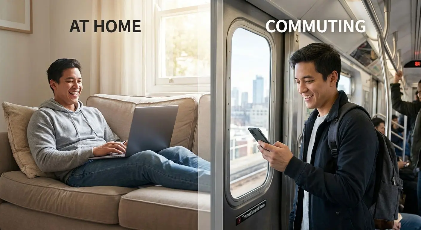 Vergleich zwischen Spielen zu Hause am Laptop und unterwegs am Smartphone
