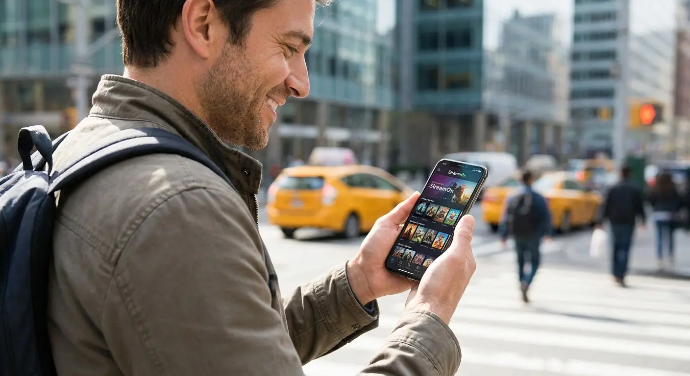 Person nutzt eine mobile App unterwegs auf dem Smartphone