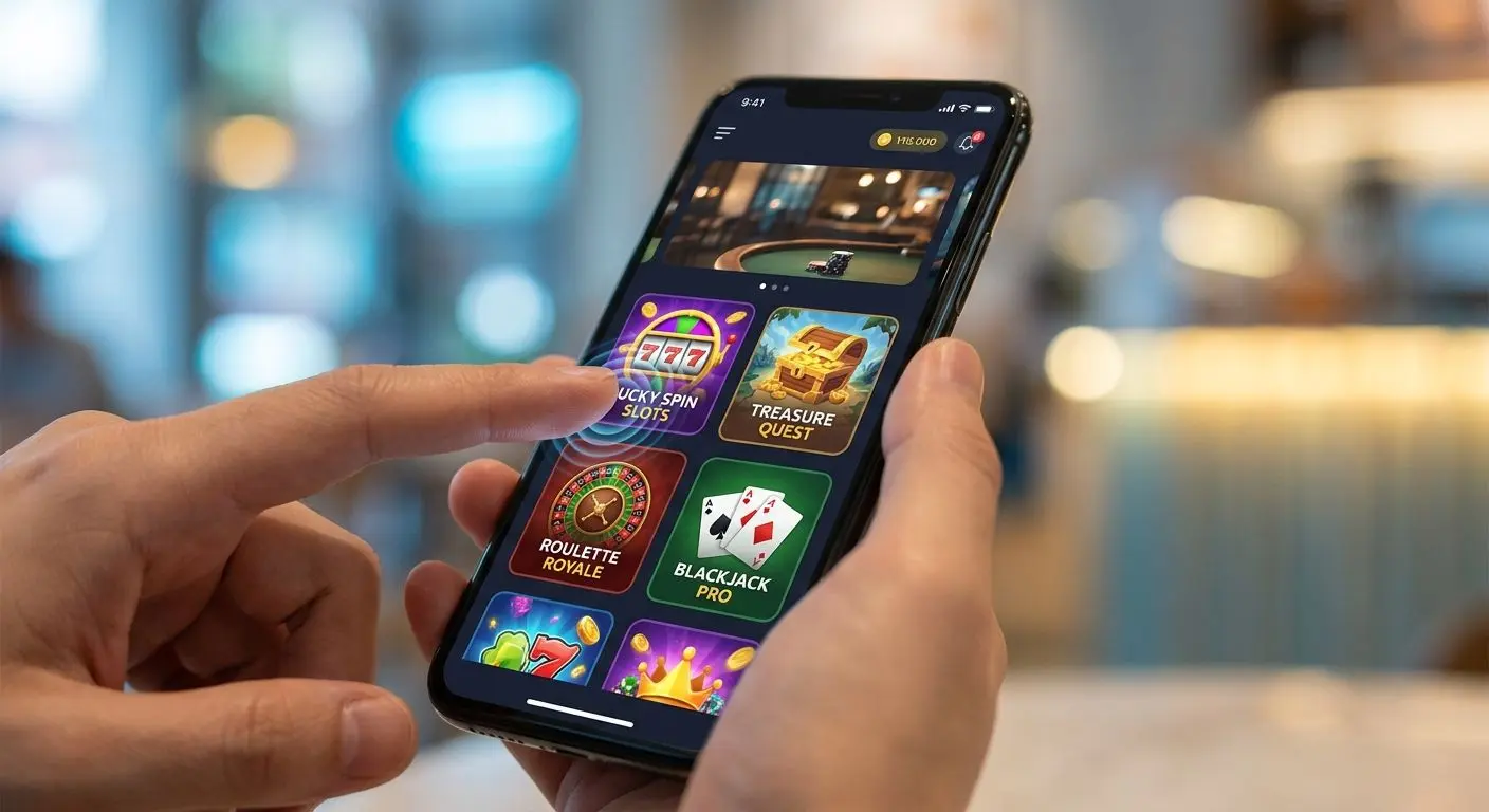 iPhone mit PlayOJO App-Lobby und Finger auf einer Spielauswahl