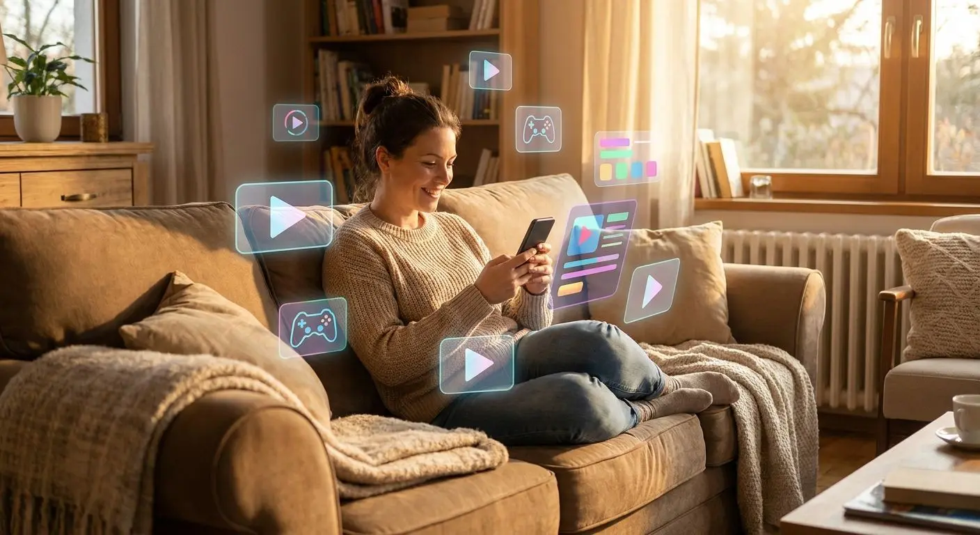 Person nutzt entspannt die PlayOJO App auf dem Sofa