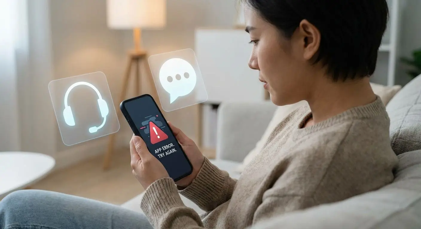 Nutzer mit Login-Fehlermeldung auf dem Smartphone und Support-Symbol
