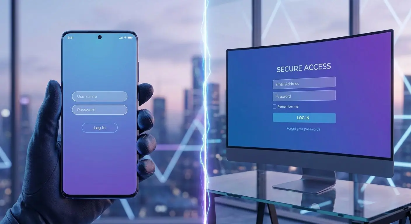 Vergleich zwischen mobilem und Desktop-Login auf Smartphone und Monitor