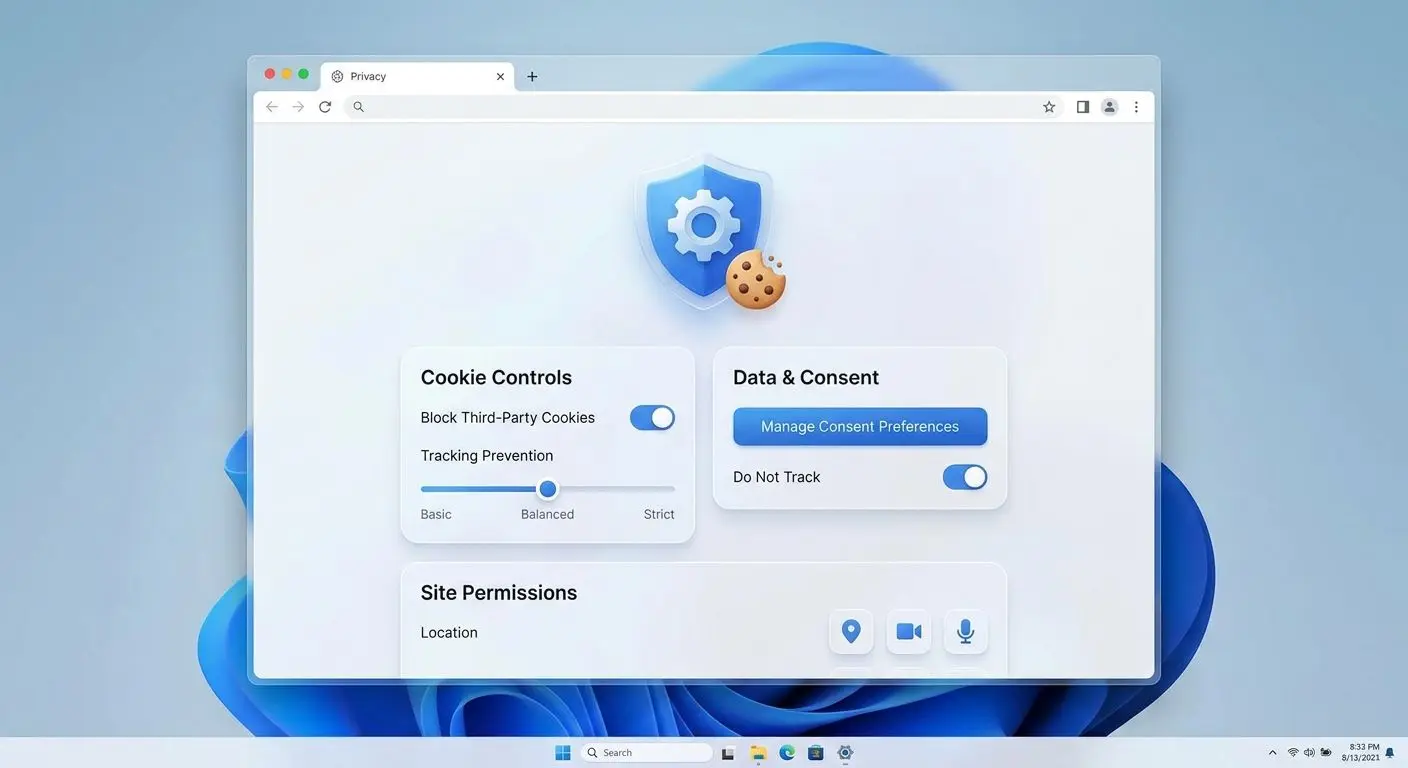 Browser- und Cookie-Einstellungen mit Symbolen und Reglern