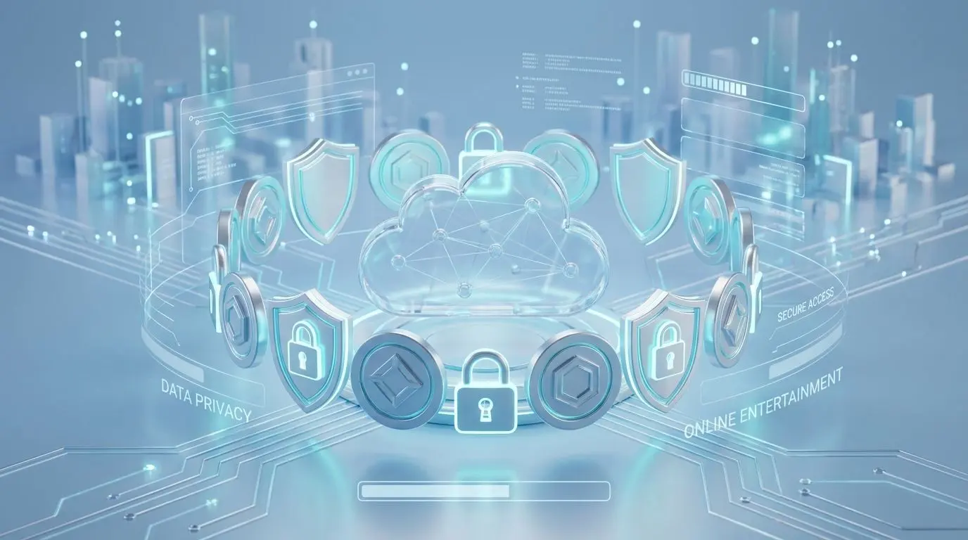 Abstrakte Darstellung von Datenschutz mit Schloss und Schutzsymbolen