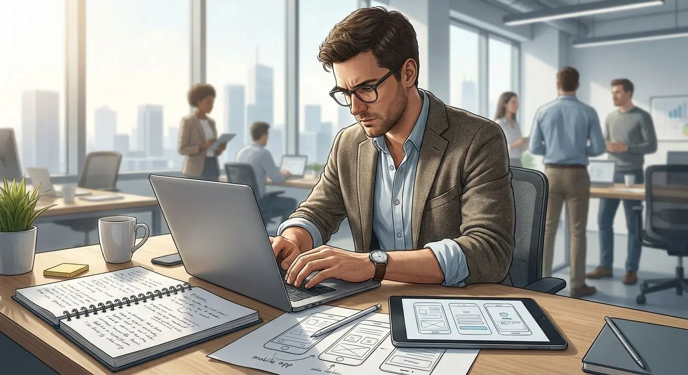 Autor arbeitet mit Laptop und Notizen