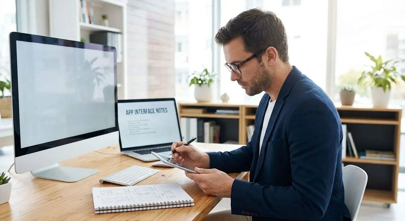 Illustration eines fiktiven Autors bei der Analyse von App-Bewertungen