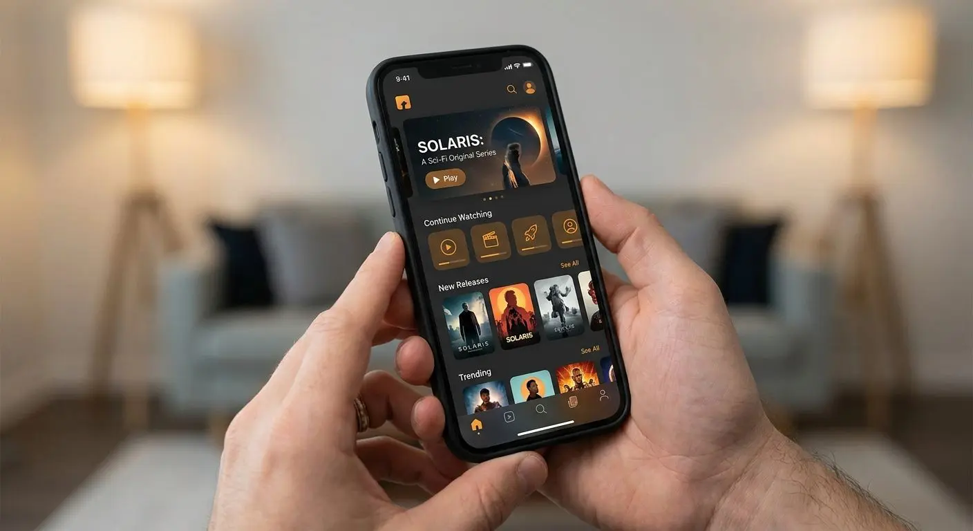 Smartphone mit geöffneter App-Startansicht als Funktionsübersicht